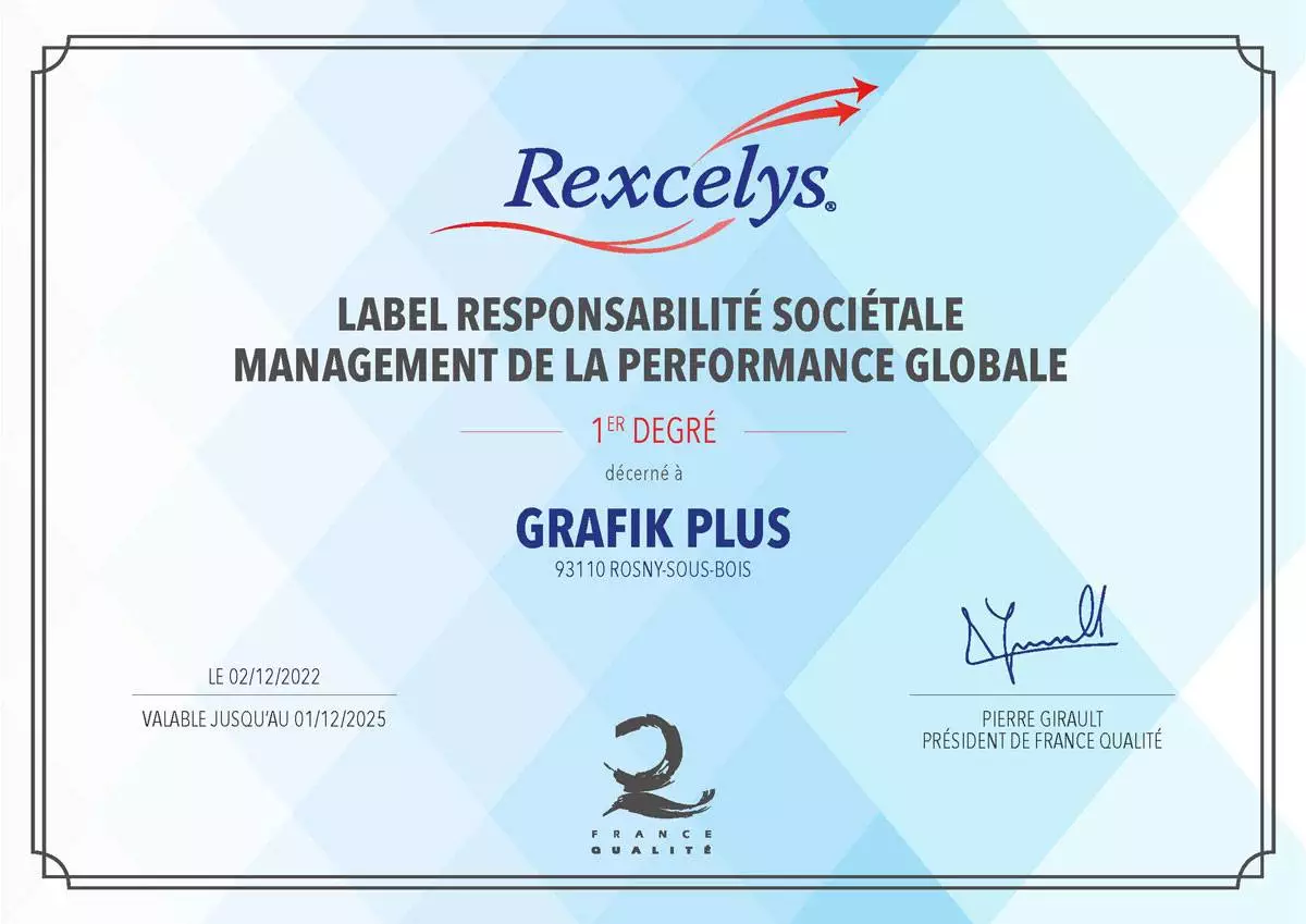 diplome RSE Rexcelys imprimerie GRAFIK PLUS 2022